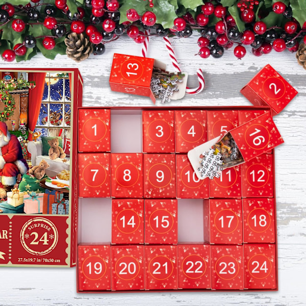 Julepuslespill-Adventskalender 2024 - 1008-delt puslespill for voksne og barn, 24-dagers nedtelling, Santas overraskelse