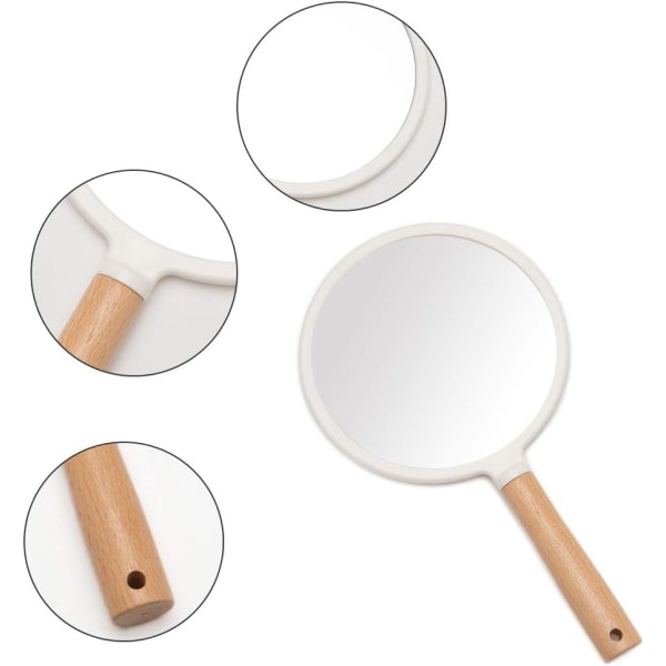Håndholdt spejl med håndtag til makeup, lille sød træbarberhåndspejl med hul hængende bærbar (rund)