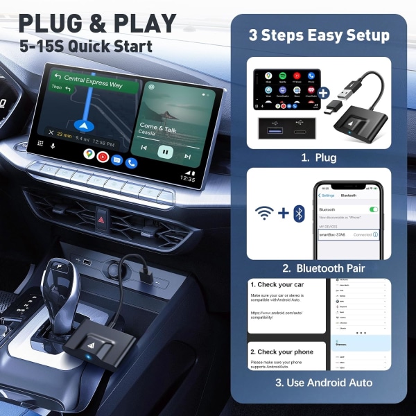 Pnblaece trådløs adapter - modell PNW-001 - Android Auto Dongle - 1 enhet - Utseende: kompakt, svart - trådløs bekvemmelighet