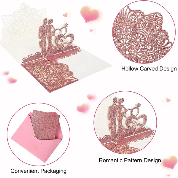 5 pakke 3D romantikk pop-up gratulasjonskort med konvolutter for jubileum, bryllup, kone, morsdag, valentinsdag