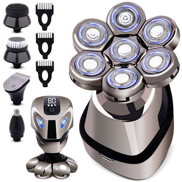 7D Hodebarbermaskin for Skallete Menn, Anti-Klype Elektrisk Barbermaskin for Menn, 5-i-1 Stellsett med Nesetrimmer, Skjeggtrimmer, osv.