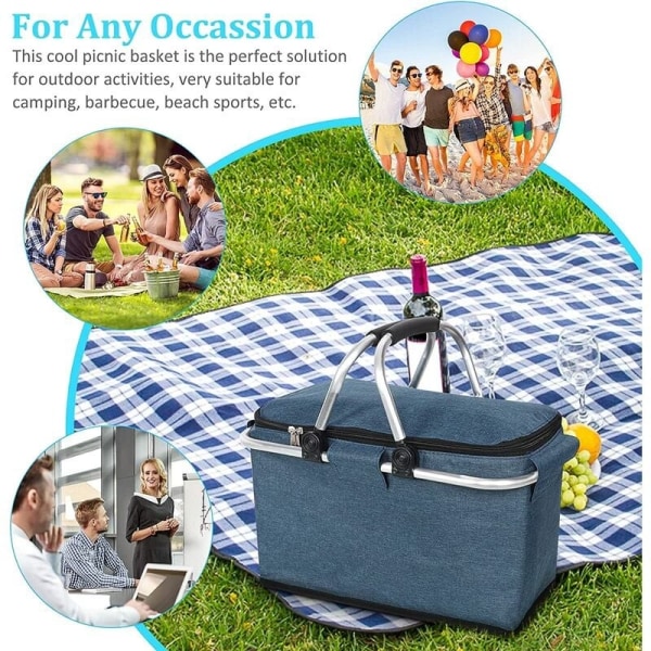 Sammenklappelige picnickurve, 4 personers picnickurve med vandtæt liner, sammenklappelig indkøbskurv køletaske til udendørs strandrejser (marineblå)