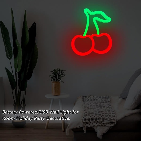 Rödgrön körsbärsneonljus, körsbärsneonskyltar för väggdekoration, LED-skyltar för söta frukter för barnrum, restaurang, bar, fruktaffär, hemgrönt+rött
