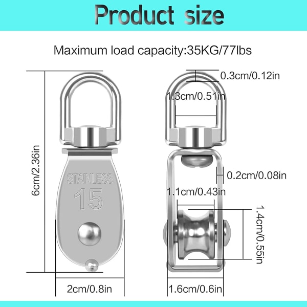 12 stk. M15 304 rustfrit stål enkelt remskive, 15MM enkelt remskive blok rulle, kran drejelig krog glat wire reb kabel belastning 77lbs/35Kg