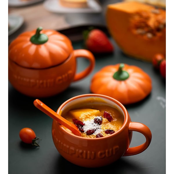 Teknisk søt gresskar-krus, keramisk kaffekrus, 8,5oz tekopp med lokk (krus + skje + silikonhånd (skrell og stikk)) oransje 250ml kopp og skje og hånd pumpkin