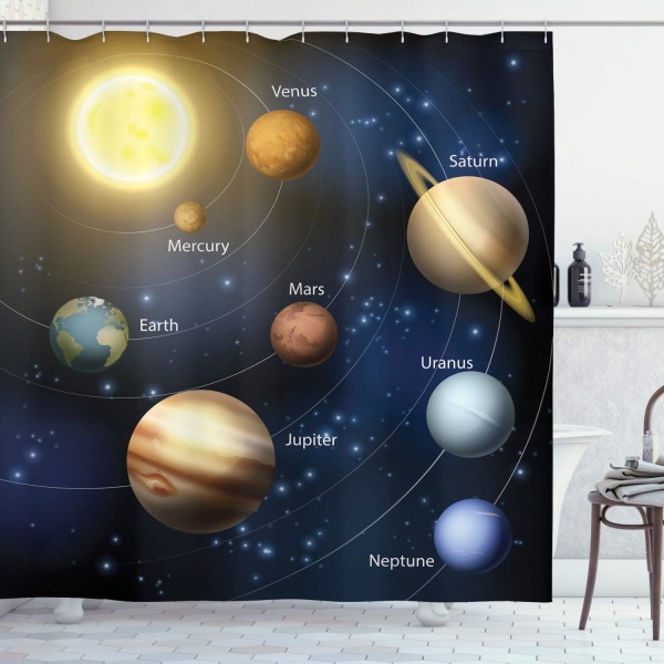 Puzzle-suihkuverho, aurinkokunta aurinko planeetan kiertorata tähtitiede ulkoavaruus, kangas kylpyhuoneen set koukulla, pituus 180 cm, monivärinen