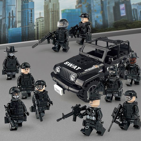 Sotilaallinen rakennuspalikkakokoelma Musta erikoispoliisi ja pienet osat koottu minifiguuri lelusetti