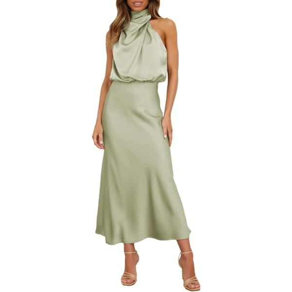 Seksikäs Lyhyt Satiinimekko Naisille, Kesäinen Virallinen Pitkä Mekko, Mock Neck, Hihaton, Sivuhaara, Virtaava Hihaton Maxihame, Elegantti Naisten Hame light green M