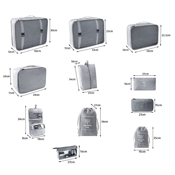 9 stk/11 stk Rejsetaske Opbevaringspose Sæt Solid Farve Bærbar Kufferttøj Pakning Pose til Rejse Grey 10 pcs