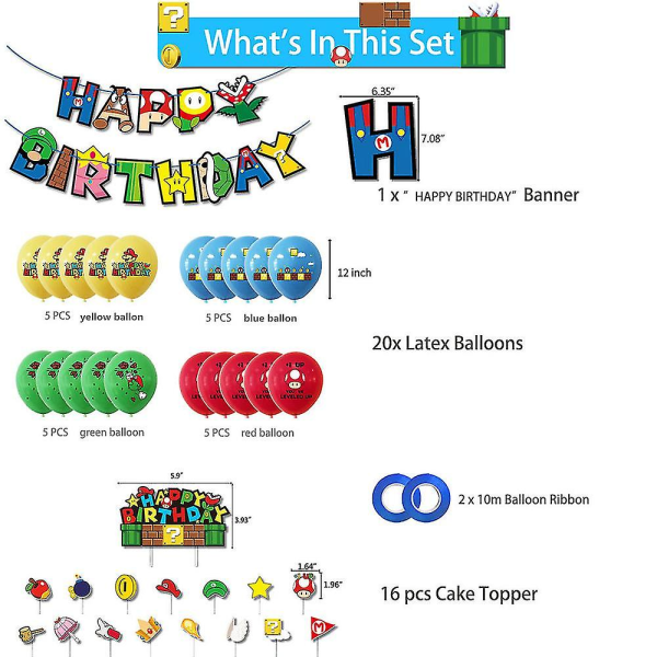 Super Mario Party-tillbehör Dekor Banner Ballonger Tårtdekoration Set