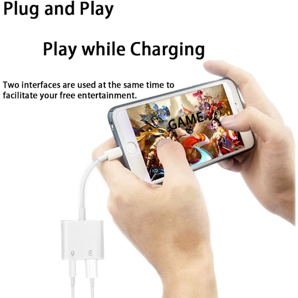 2-pak Lightning til 3,5 mm hodetelefonkontakt-adapter for iPhone Dongle 2-i-1 lader og aux-lydsplitteradapter, hvit