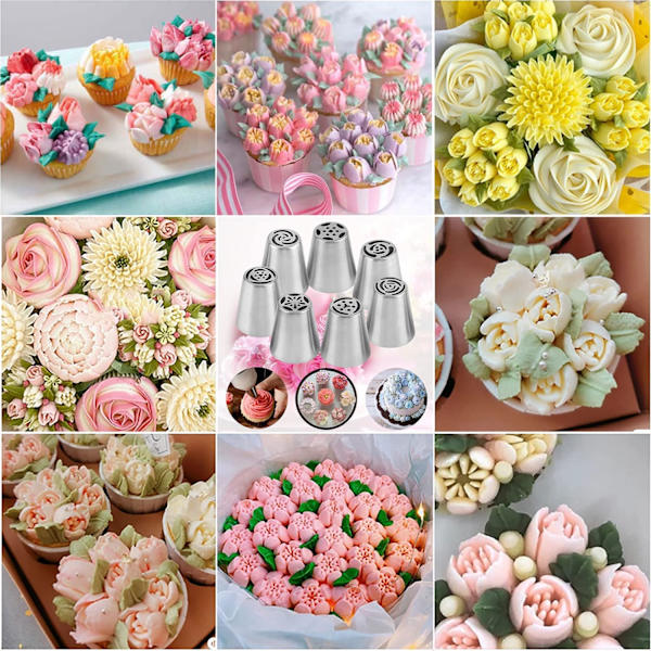 Russiske sprøytetipssett, rustfritt stål cupcake blomsterformet frostingdyse sett, kjøkkenutstyr for konditorvarer cupcakes kaker kjeksdekorering (7 stk)