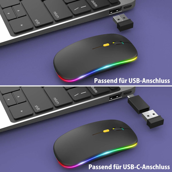 Oppgrader trådløs LED PC-mus gjenladbar stille trådløs mus bærbar mus med USB-mottaker Kompatibilitet med datamaskin/PC/nettbrett