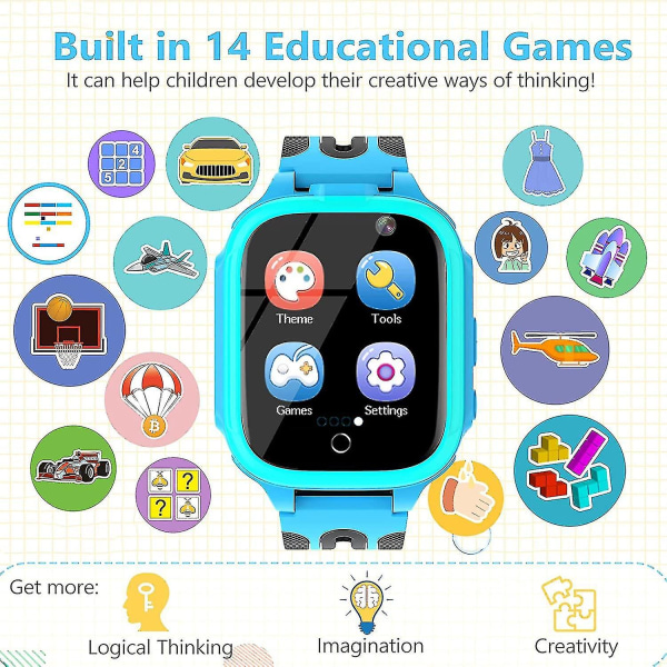 Børne smarture til piger Drenge, børns smartwatch med opkald 14 spil Dobbelt kameraer Alarm Musikafspiller Flashlig