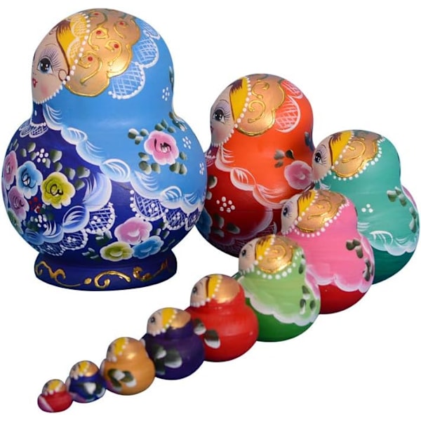 Blå 10-pack ryska babuschka-dockor Matryoshka handgjorda