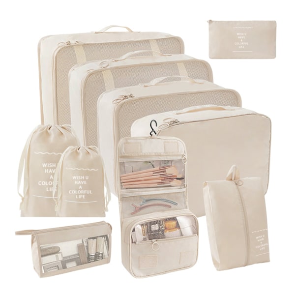 9 stk/11 stk Reiseoppbevaringssett i ensfarget stoff Bærbar koffert Klærpakkepose for reise Beige 10 pcs