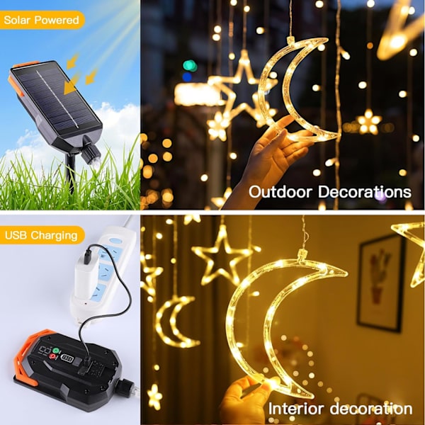 Aurinkopaneelit ulkona Ramadan-koristeet Kuut Tähdet Valot 138LED Aurinko String Valot Ulkona
