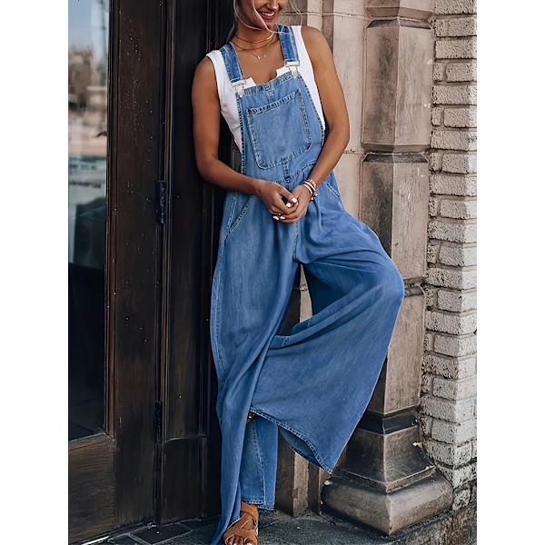 Lös Sida Ficklös Ärmlös Denim Jumpsuit, Casual Justerbar Axelrem Denim Suspenders Byxor