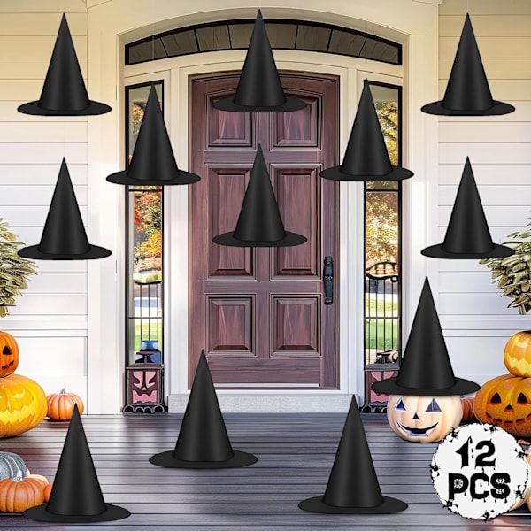 12 st Halloween-häxhattar, svarta hängande häxhattar, med 100 meter nylonlina, trollkarlshattar för utomhusdekorationer till Halloween för hem, trädgård, veranda och tak