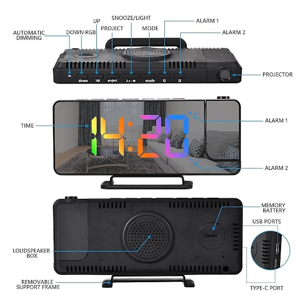 Projektionsväckarklocka för sovrum, 7,3 tum LED-spegel digital väckarklocka med 180 projektor för sovrum svart