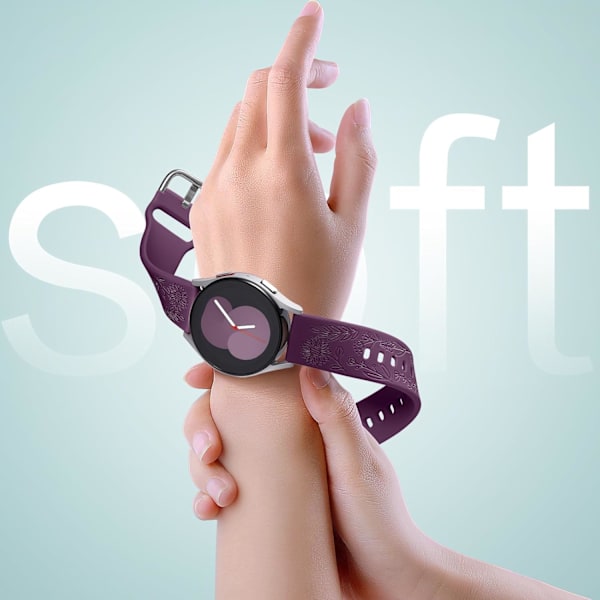 Auringonkukkakaiverrettu ranneke, yhteensopiva Samsung Galaxy Watch 7 6 5 4 40mm 44mm naisten kanssa, 20mm pehmeä silikoniranneke Galaxy Watch_xx -kelloon Purple