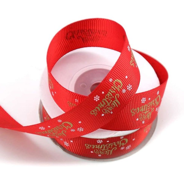 Merry Christmas Ribbon - Red Craft Ribbon med "merry christmas" och snöflingadesign, 9,1 m lång och 2 cm bred