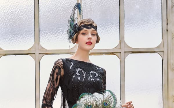 Hovedbånd med påfuglefjer til kvinder, pandebånd i flapperstil, Gatsby-tilbehør