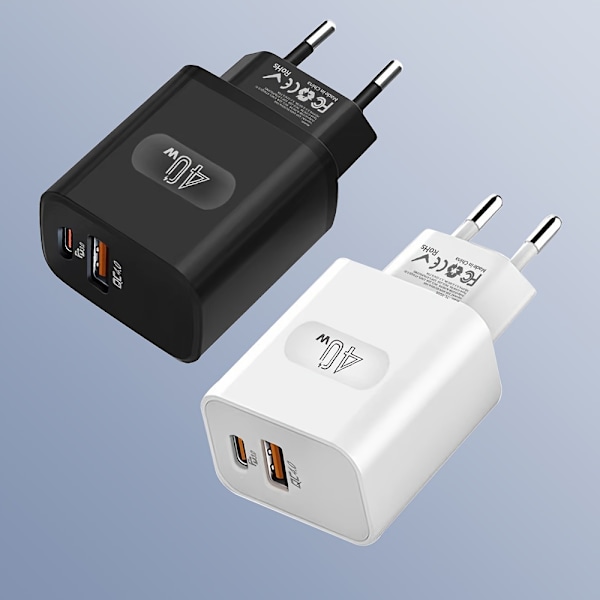 GEUMXL 40W Dual USB-C Væglader med PD 3.0 & QC 4.0, Hurtig Opladningsadapter, Universel Kompatibilitet til iPhone, Samsung White