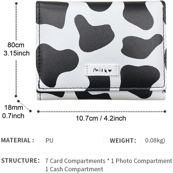 Kvinnor Flickor Plånbok Söt Ko Print Tri-Fold plånbok PU-läderväska Smal liten kort plånbok Tecknad Trifold Kontantkortsväska (svart ko)