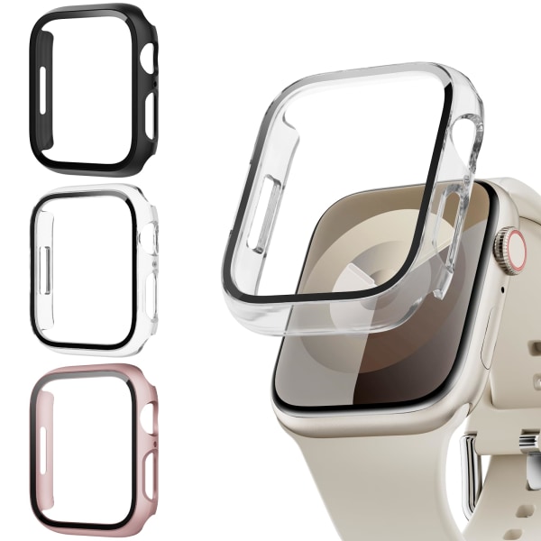 3 stk skjermbeskytter kompatibel for Apple Watch Series 6/5/4/SE med herdet glass, støtsikker veske for iWatch 44mm 44mm Black and clear and rose gold