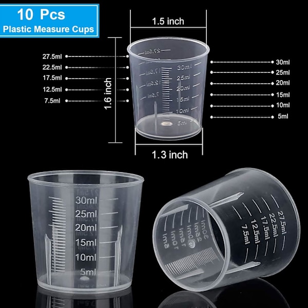30 ml muoviset nestettä mittaavat kupit - (10-pakkaus, 1 oz, kirkas)