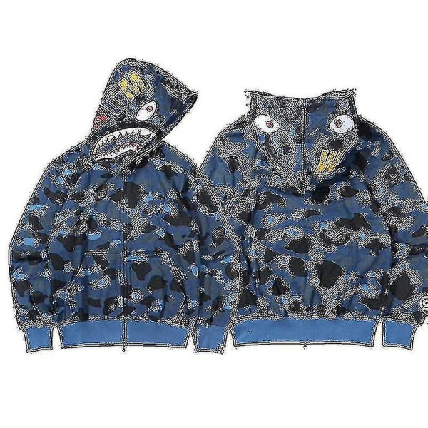 Men's Hoodie Camo Loose Zipper Jacket Men's Sweatershirt Boy-yky Blue M