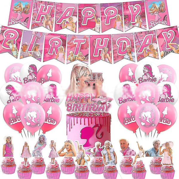 Barbie Film Tema Fest Pink Dekoration Tilbehør Banner Balloner Kit Kage Cupcake Toppers Sæt