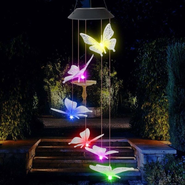 Solar Butterfly Wind Chime Lamp Utomhus Trädgård Dekoration Färgglad 6LED Solar Wind Chime Lampa Svart skal Transparent Butterfly