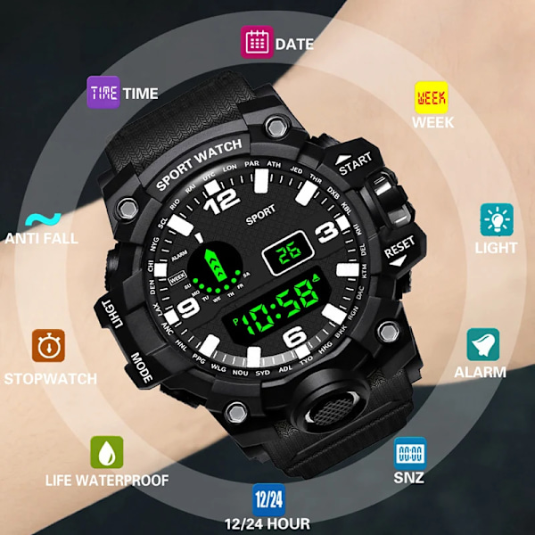 YIKAZE Svart Klocka Militärklocka Digitala Herrklockor Vattentät Nedräkning Datum LED Elektronisk Armbandsur A-Red