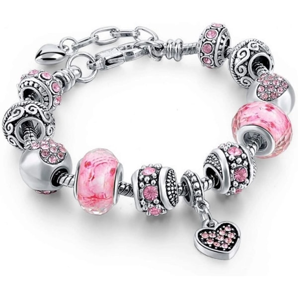 Pink Hearts Silverpläterade berlockarmband för kvinnor och tonårsflickor, set med pärlor och ormkedjeförlängare, justerbart armband.