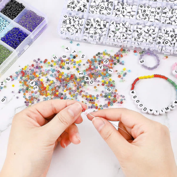Craft Beads Kit 10800 stk 3 mm glasfrøperler og 1200 stk brevperler til venskabsarmbånd Smykkefremstilling Halskæder og nøgleringe med 2 ruller O