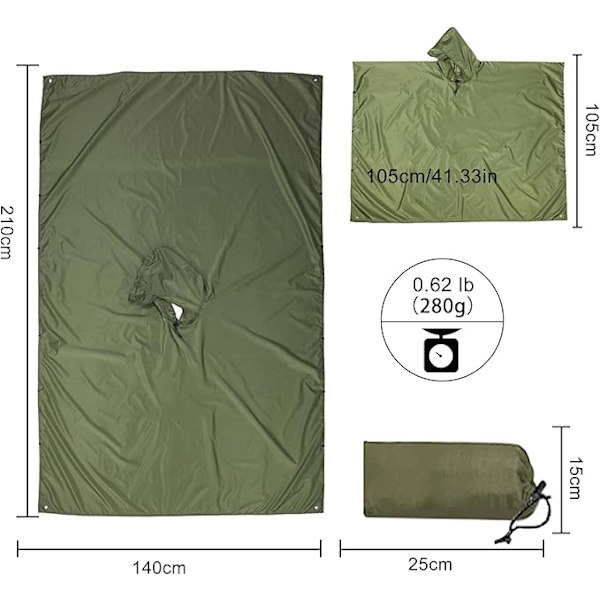 Vattentät regnponcho, lätt, återanvändbar regnponcho för vuxna, 3-i-1 multifunktionellt regnskydd, poncho vattentät vuxen one size