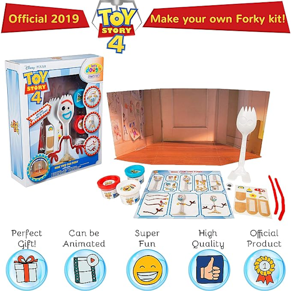 Disney Toy Story 4 Lav din egen Forky med scene | Sæt med 3 dejkar, gaffelmodel og tilbehør | Lav din egen filmfigur Forky Sæt til børn | Alt i én kreativt legetøj Ikke egnet til børn under 36 måneder. BEMÆRK: Små dele.
