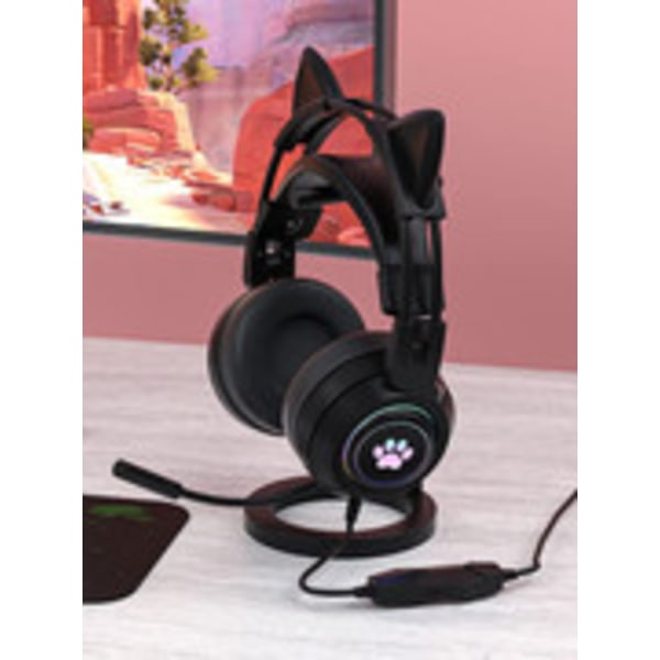Kablet spillhodesett Cute Cat Ear RGB-bakgrunnsbelysning Over-ear-hodetelefoner Støyreduserende mikrofon Surround Sound for bærbar PC Black