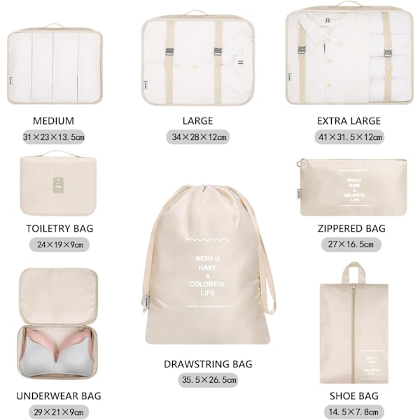 8-osainen pakkauskuutiosetti, vaatepusseja, matkalaukun järjestäjä loma- ja matkustuskäyttöön, pakkauskuutiosetti matkustuskuutiot - Beige White1