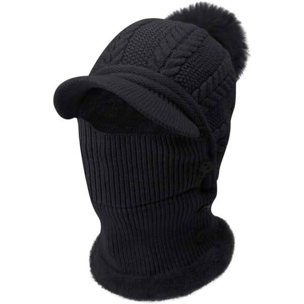 Damast, varm stickad cap för damer, ansiktsbandanahals, damast med fluffig Pom Pom (svart)