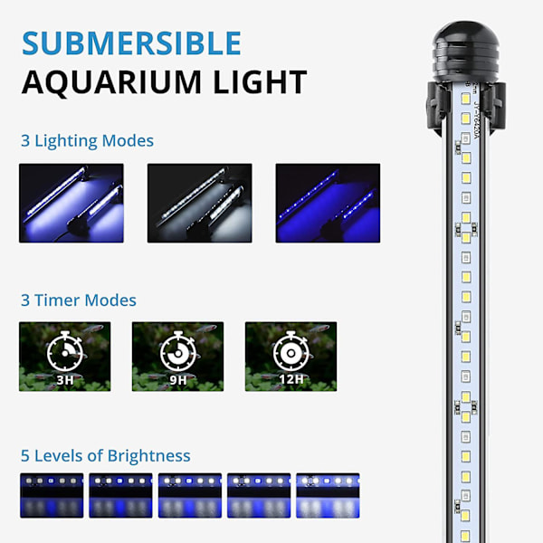 LED akvarielampa med timerfunktion, sänkbar vit och blå lampa, justerbar belysning för akvarium, 4W, 230 lm