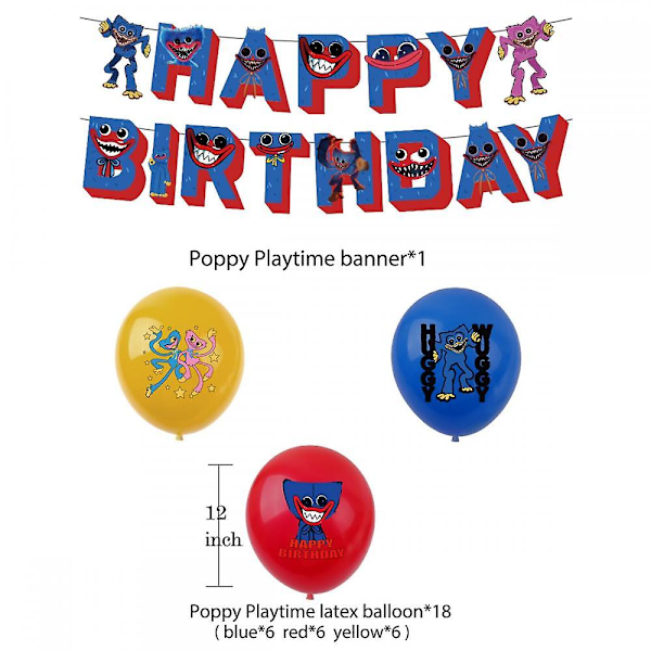 Halloween Poppy Playtime -teemajuhlakoristeet sisältävät Hyvää syntymäpäivää -bannerin ja lateksipallot