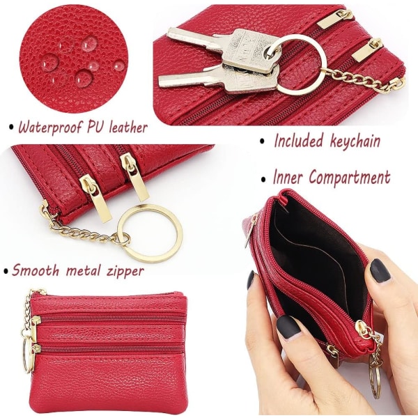 Myntväska i äkta läder för kvinnor, växelplånbok, växlingsplånbok i minipåse, växelplånbok med dragkedja med nyckelring