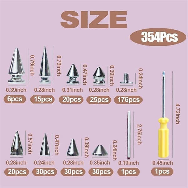 Punk Spikes and Studs Kit, 354 Pieces, 8 Sizes