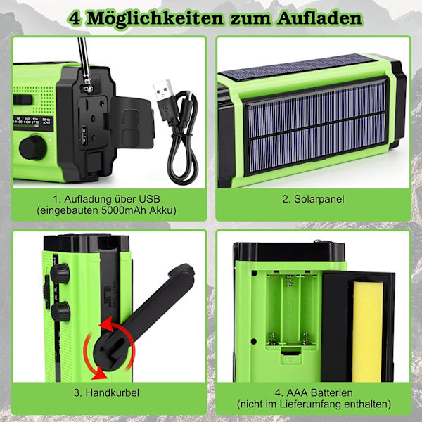 Solcelledrevet radio, bærbar AM/FM håndsvingradio, indbygget 5000mAh