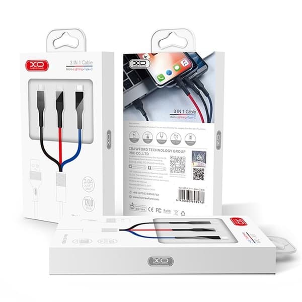 3-i-1 USB - Lightning, USB-C, microUSB Ladekabel (3A) 1,2m 80