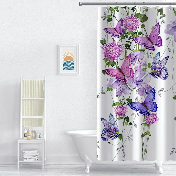 Lila duschdraperi med fjärilar för badrum, sommar vår duschdraperi fjärilar rustika blommor duschdraperi med 7 krokar 36X72 tum