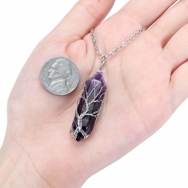 Livets träd genomskinlig kvartskristall hängsmycke Silvertrådlindad ädelsten Healing Point Chakra Quartz Halsband för kvinnor män